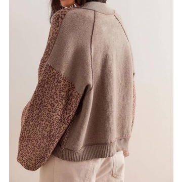 MISSACTIVER Women Leopard Print Button Down Knit Cardigan Long Sleeve Open Front Cheetah Graphic Sweater Cardigans Outwear Brown