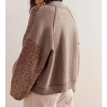 MISSACTIVER Women Leopard Print Button Down Knit Cardigan Long Sleeve Open Front Cheetah Graphic Sweater Cardigans Outwear Brown