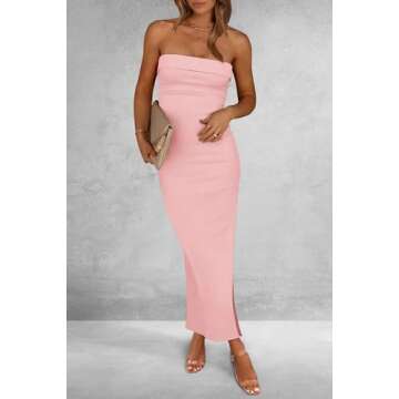 PRETTYGARDEN Women's Summer Bodycon Maxi Tube Dress Ribbed Strapless Side Slit Long Going Out Casual Elegant Party Dresses (Pink,XX-Large)