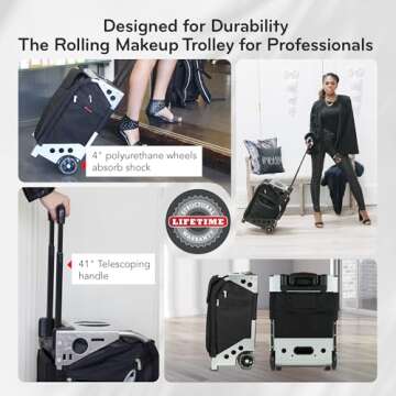 ZUCA Flyer Artist Case - Professional Makeup Case with 5 Vinyl Utility Pouches Travel Cover 41" Telescoping Handle, Rolling Wheels & Sturdy Aluminum Frame for Makeup Artists and Creative Black Silver