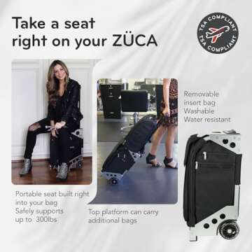 ZUCA Flyer Artist Case - Professional Makeup Case with 5 Vinyl Utility Pouches Travel Cover 41" Telescoping Handle, Rolling Wheels & Sturdy Aluminum Frame for Makeup Artists and Creative Black Silver