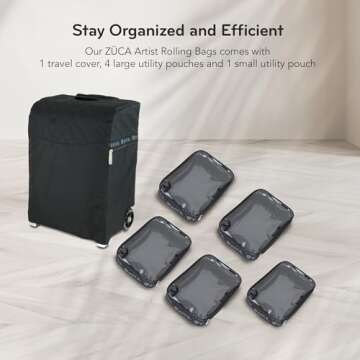 ZUCA Flyer Artist Case - Professional Makeup Case with 5 Vinyl Utility Pouches Travel Cover 41" Telescoping Handle, Rolling Wheels & Sturdy Aluminum Frame for Makeup Artists and Creative Black Silver