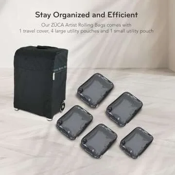 ZUCA Flyer Artist Case - Professional Makeup Case with 5 Vinyl Utility Pouches Travel Cover 41" Telescoping Handle, Rolling Wheels & Sturdy Aluminum Frame for Makeup Artists and Creative Black Silver