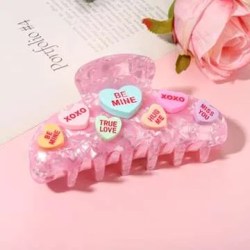 Valentine’s Day Hair Claw Clips for Women, Large Conversation Heart Hair Clips Nonslip Pink Love XOXO Hair Claws Valentine’s Day Accessories Outfits Party Favor Gifts
