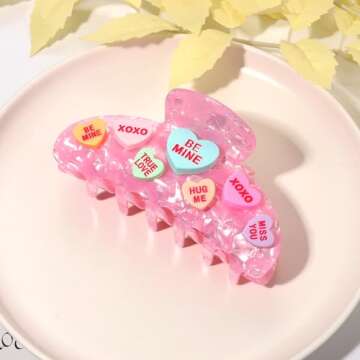Valentine’s Day Hair Claw Clips for Women, Large Conversation Heart Hair Clips Nonslip Pink Love XOXO Hair Claws Valentine’s Day Accessories Outfits Party Favor Gifts