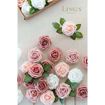 Ling's Moment Artificial Flowers, 25Pcs 3" Roses in Dusty Rose Shades, Realistic DIY Foam Floral Dec...