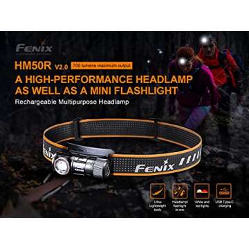 Fenix HM50R v2.0 Headlamp, 700 Lumen USB-C Rechargeable Lightweight with White/Red Light, with Lumentac Organizer