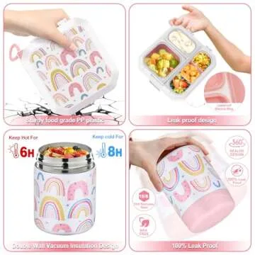 wiwens Bento Lunch Box for Kids with 12oz Soup Thermo Leak-Proof Lunch Food Container with 5 Compartment Thermo Hot Food Jar and Insulated Lunch Bag for Kid Toddler Girls Boys to School