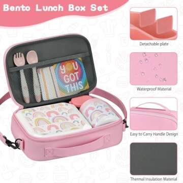 wiwens Bento Lunch Box for Kids with 12oz Soup Thermo Leak-Proof Lunch Food Container with 5 Compartment Thermo Hot Food Jar and Insulated Lunch Bag for Kid Toddler Girls Boys to School