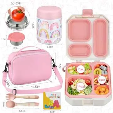 wiwens Bento Lunch Box for Kids with 12oz Soup Thermo Leak-Proof Lunch Food Container with 5 Compartment Thermo Hot Food Jar and Insulated Lunch Bag for Kid Toddler Girls Boys to School