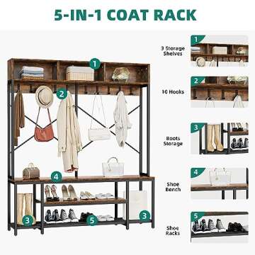 YITAHOME Entryway Bench with Coat Rack, 5-in-1 Hall Tree with Shoes Storage, Industrial Freestanding Coat Rack Shoe Bench with Storage Shelves, 10 Hooks for Hallway, Bedroom, Rustic Brown