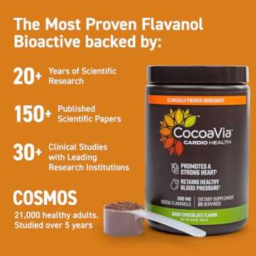 CocoaVia Cardio Health Cocoa Powder, 30 Servings, 500mg Cocoa Flavanols, Support Heart Health, Boost Nitric Oxide, Improve Circulation, Energy, Preworkout, Vegan, Dark Chocolate Cacao