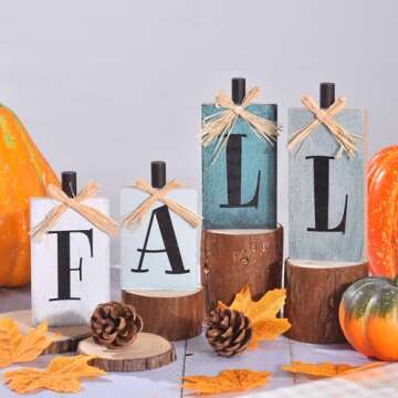 Ovootok Fall Decorations for Home, 4 Pcs Rustic Farmhouse Home Decor Signs, FALL Centerpieces for Tables, Autumn Decor Sign Block Set for Thanksgiving Party Harvest Kitchen Tiered Tray Mantel (blue)