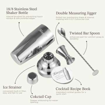 Cocktail Shaker, KITESSENSU 24oz Drink Shaker with Bartender Strainer, Measuring Jigger, Bar Mixing Spoon, Cocktail Recipe Guide, Professional Drink Mixer Set for Beginners, Silver