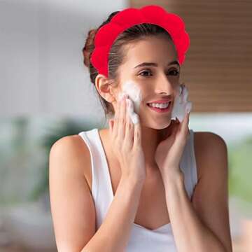 VNIHTT Red Bubble Headband for Washing Face, Makeup headband,Sponge Spa Skincare Headbands,Soft Fluffy Hairband for Women Girls with Wrist Towels for Wash Face