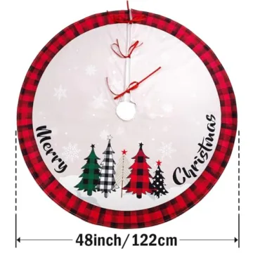 Christmas Tree Skirt 48 Inch - Festive Plaid & Snowflakes