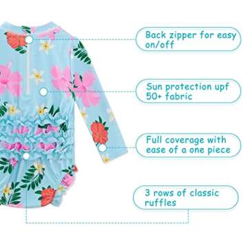 Infant Swimsuit Girl 6-12 Months Hawaiian Floral One Piece Bathing Suit with Snaps Long Sleeve Ruffles Bright Colored Swim Suit for Baby Birthday Gift