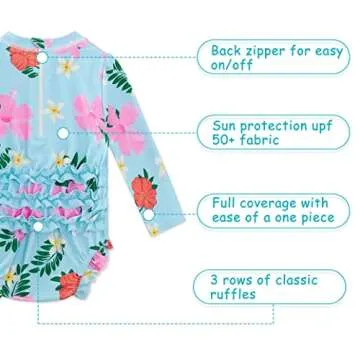 Infant Swimsuit Girl 6-12 Months Hawaiian Floral One Piece Bathing Suit with Snaps Long Sleeve Ruffles Bright Colored Swim Suit for Baby Birthday Gift