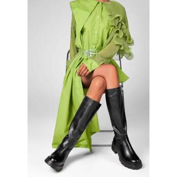 DearOnly Womens Wide Calf Knee High Boots Round Toe Platform Chunky Heel Boots Side Zipper Lug Sole Fashion Dress Tall Boots Black 9.5 M US