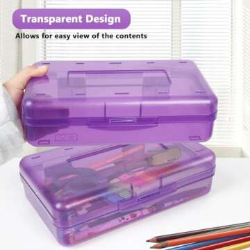 DANRONG Large Capacity Colored Pencil Case, Pencil Box, Plastic Pencil Boxes for Kids Adults Girls Boys, Hard Crayon Box Storage with Snap-tight Lid for School office Supplies (Clear Purple)