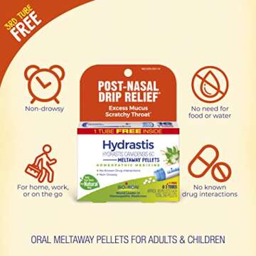 Boiron Hydrastis Canadensis 6C Homeopathic Medicine for Post-Nasal Drip Relief, Excess Mucus, Scratchy Throat - 3 Count (240 Pellets)