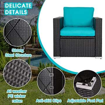 Kinsuite Patio Furniture Sets, 7Pcs Patio Seating, All Weather PE Wicker Patio Sectional Sofa Couch Garden Backyard Conversation Set with Coffee Table, 2Pcs Wicker Chaise Lounge, Turquoise