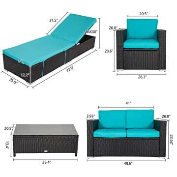 Kinsuite Patio Furniture Sets, 7Pcs Patio Seating, All Weather PE Wicker Patio Sectional Sofa Couch Garden Backyard Conversation Set with Coffee Table, 2Pcs Wicker Chaise Lounge, Turquoise
