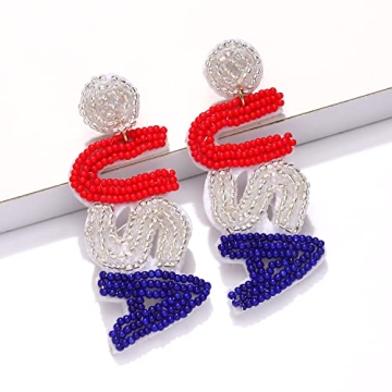 American Flag Zinc Earrings Beaded 4th of July Patriotic Earrings for Women Handmade USA Windmill Star Heart Drop Dangle Earrings Independence Day Jewelry Gifts (Letter USA 1)