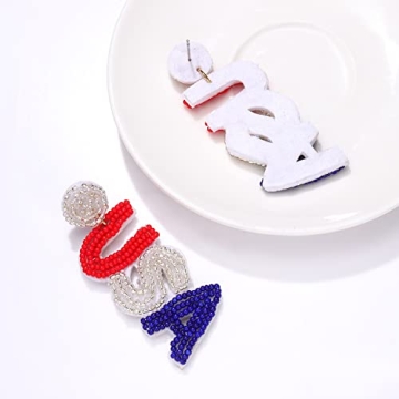 American Flag Zinc Earrings Beaded 4th of July Patriotic Earrings for Women Handmade USA Windmill Star Heart Drop Dangle Earrings Independence Day Jewelry Gifts (Letter USA 1)