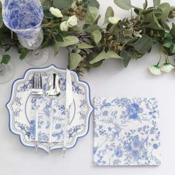 Efavormart 20 Pack | White/Blue Chinoiserie Floral Print 2-Ply Paper Napkins, Disposable Dinner Napkins