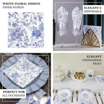Efavormart 20 Pack | White/Blue Chinoiserie Floral Print 2-Ply Paper Napkins, Disposable Dinner Napkins