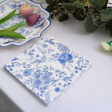 Efavormart 20 Pack | White/Blue Chinoiserie Floral Print 2-Ply Paper Napkins, Disposable Dinner Napkins