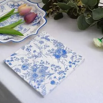 Efavormart 20 Pack | White/Blue Chinoiserie Floral Print 2-Ply Paper Napkins, Disposable Dinner Napkins
