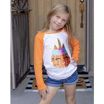 HH Family Halloween Shirts for Kids Flip Sequin Pumpkin Tee Girls Boys T-Shirt Costume (Orange UL, 6)