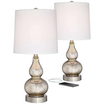 360 Lighting Castine 22" High Small Modern Country Cottage Accent Table Lamps Set of 2 USB Port Silv...