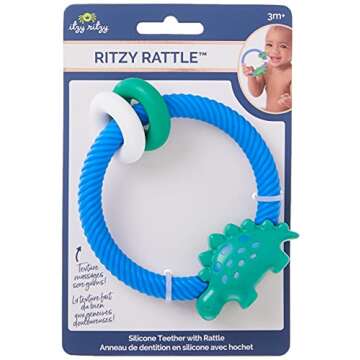 Itzy Ritzy Silicone Teether with Rattle; Rattle Teether Features Rattle Sound, Two Silicone Teething Rings and Raised Texture to Soothe Gums; Ages 3 Months and Up (Dinosaur)