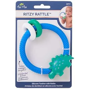 Itzy Ritzy Silicone Teether with Rattle; Rattle Teether Features Rattle Sound, Two Silicone Teething Rings and Raised Texture to Soothe Gums; Ages 3 Months and Up (Dinosaur)