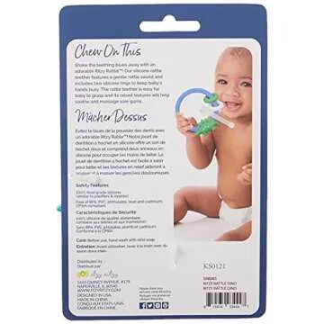 Itzy Ritzy Silicone Teether with Rattle; Rattle Teether Features Rattle Sound, Two Silicone Teething Rings and Raised Texture to Soothe Gums; Ages 3 Months and Up (Dinosaur)