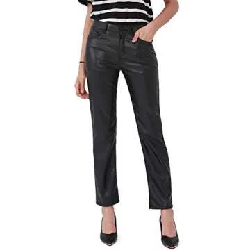 Balleay Art Faux Leather Pants for Women, Straight Leg Mid Waist Butt Lift Elastic Black Pants with 5 Pockets (Black, Small)