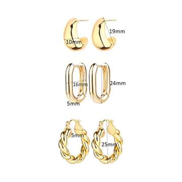 ALLHOLA 14K Gold Hoop Earrings for Women, Hypoallergenic Chunky Gold Hoop Earrings Multipack, Lightweight Twisted Huggie Hoops Earring Set Jewelry for Gifts (A-3 gold hoops)