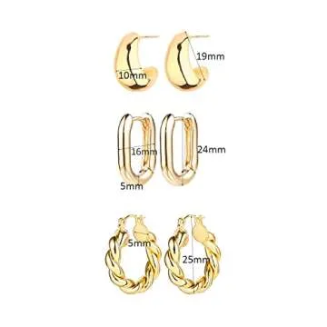 ALLHOLA 14K Gold Hoop Earrings for Women, Hypoallergenic Chunky Gold Hoop Earrings Multipack, Lightweight Twisted Huggie Hoops Earring Set Jewelry for Gifts (A-3 gold hoops)