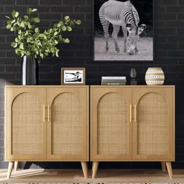 Rovaurx Rattan Storage Cabinet with Doors, Accent Bathroom Floor Cabinet, Modern Sideboard Buffet Ca...