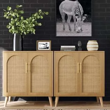 Rovaurx Rattan Storage Cabinet with Doors, Accent Bathroom Floor Cabinet, Modern Sideboard Buffet Ca...