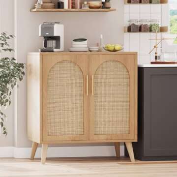 Rovaurx Rattan Storage Cabinet with Doors, Accent Bathroom Floor Cabinet, Modern Sideboard Buffet Cabinet for Living Room, Entryway, Dining Room and Kitchen, Natural BMGZ108M