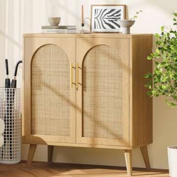Rovaurx Rattan Storage Cabinet with Doors, Accent Bathroom Floor Cabinet, Modern Sideboard Buffet Cabinet for Living Room, Entryway, Dining Room and Kitchen, Natural BMGZ108M