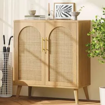 Rovaurx Rattan Storage Cabinet with Doors, Accent Bathroom Floor Cabinet, Modern Sideboard Buffet Cabinet for Living Room, Entryway, Dining Room and Kitchen, Natural BMGZ108M