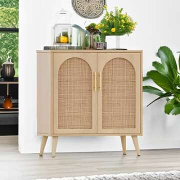 Rovaurx Rattan Storage Cabinet with Doors, Accent Bathroom Floor Cabinet, Modern Sideboard Buffet Cabinet for Living Room, Entryway, Dining Room and Kitchen, Natural BMGZ108M