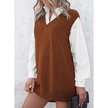 EVALESS Womens Oversized Sweater Vest Womens V Neck Sleeveless Brown Knit Fashion Sweaters Fall Spring 2025 Solid Color Irregular Hem Loose Pullover Sweater XX-Large