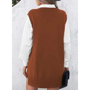 EVALESS Womens Oversized Sweater Vest Womens V Neck Sleeveless Brown Knit Fashion Sweaters Fall Spring 2025 Solid Color Irregular Hem Loose Pullover Sweater XX-Large
