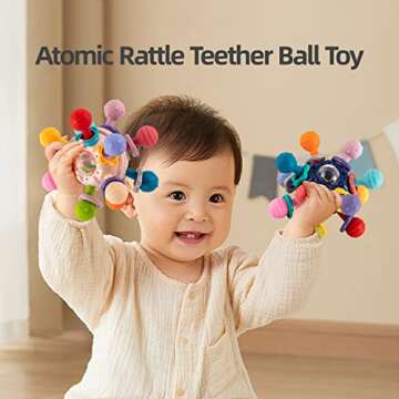 Baby Sensory Teething Toys, Atomic Ball Chew Toys Rattle & Teether Grasping Activities Infant Toy fo...